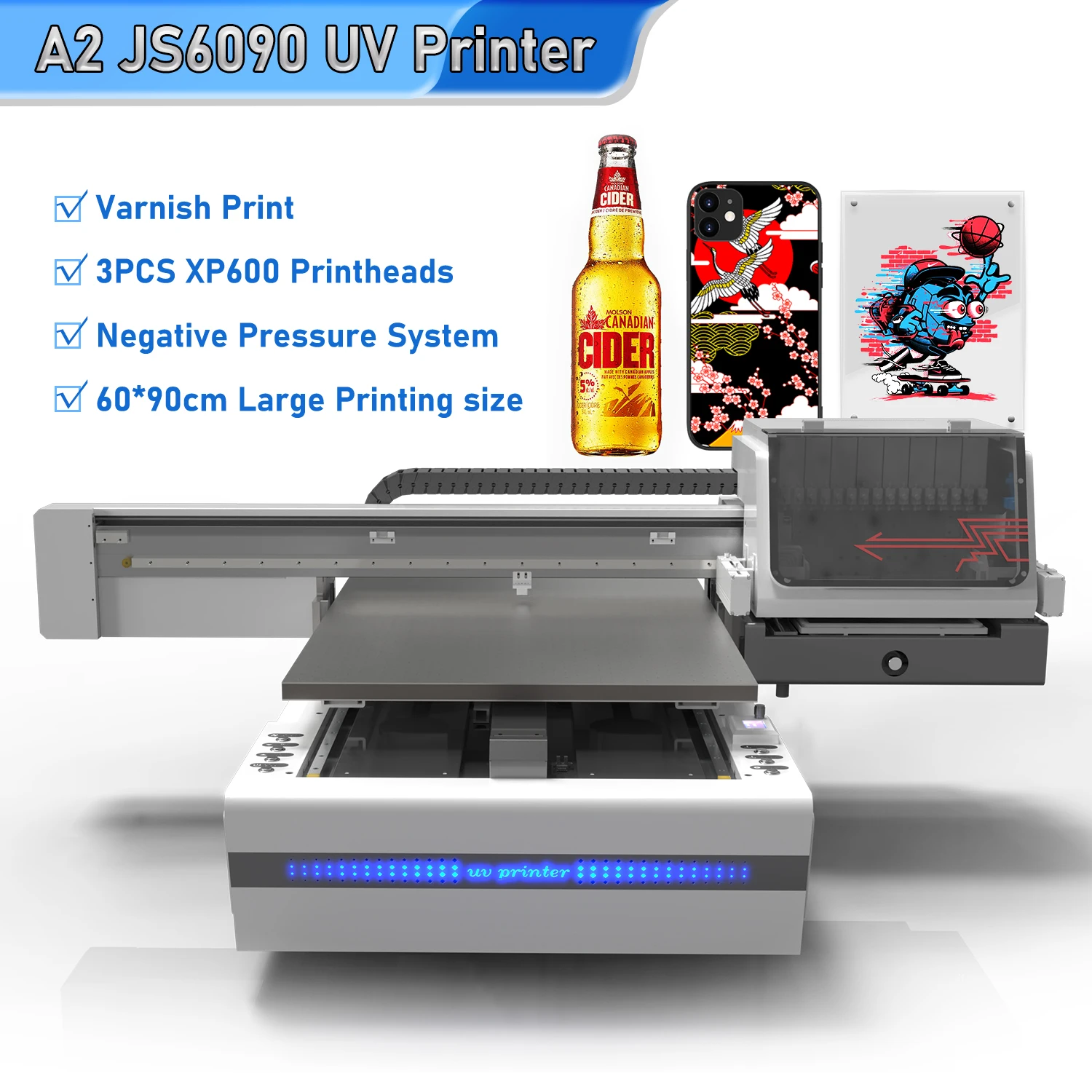 UV Flatbed Printer 60*90cm With 3pcs XP600 Printhead For Pen Wood Bottle Printing Large Format UV Printer A1 UV Printing Machine