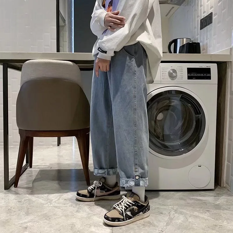 Men Denim Pants Vintage Straight Jeans Baggy Trouser Prints Patchwork Black Man Colthing Streetwear Design Casual Solid Slim