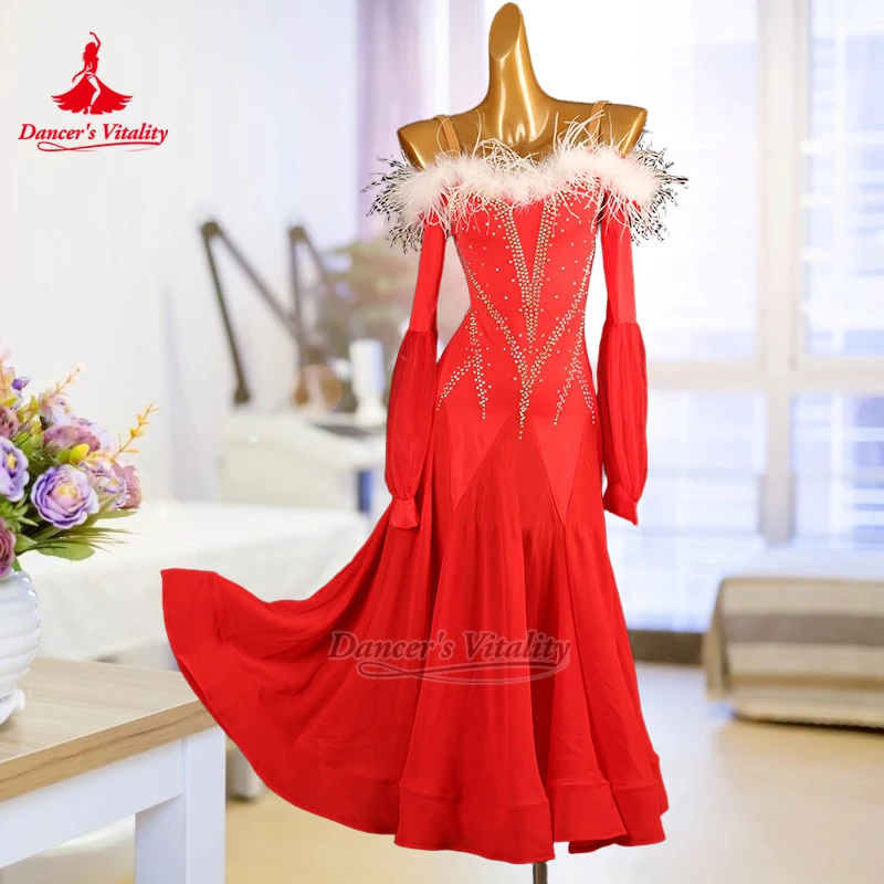 

Dancer's Vitality для взрослых AB Stones Dew Shoulder с длинными рукавами Платье для социальных танцев Женская одежда для веенского вальса и выступления