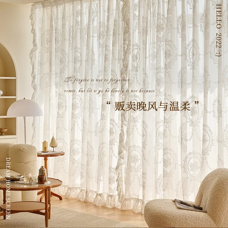 

Custom Size 1 Panel French Light Luxury Lace Tulle Girl Series Lace Bay Window Bedroom Loft Restaurant Gauze Curtain