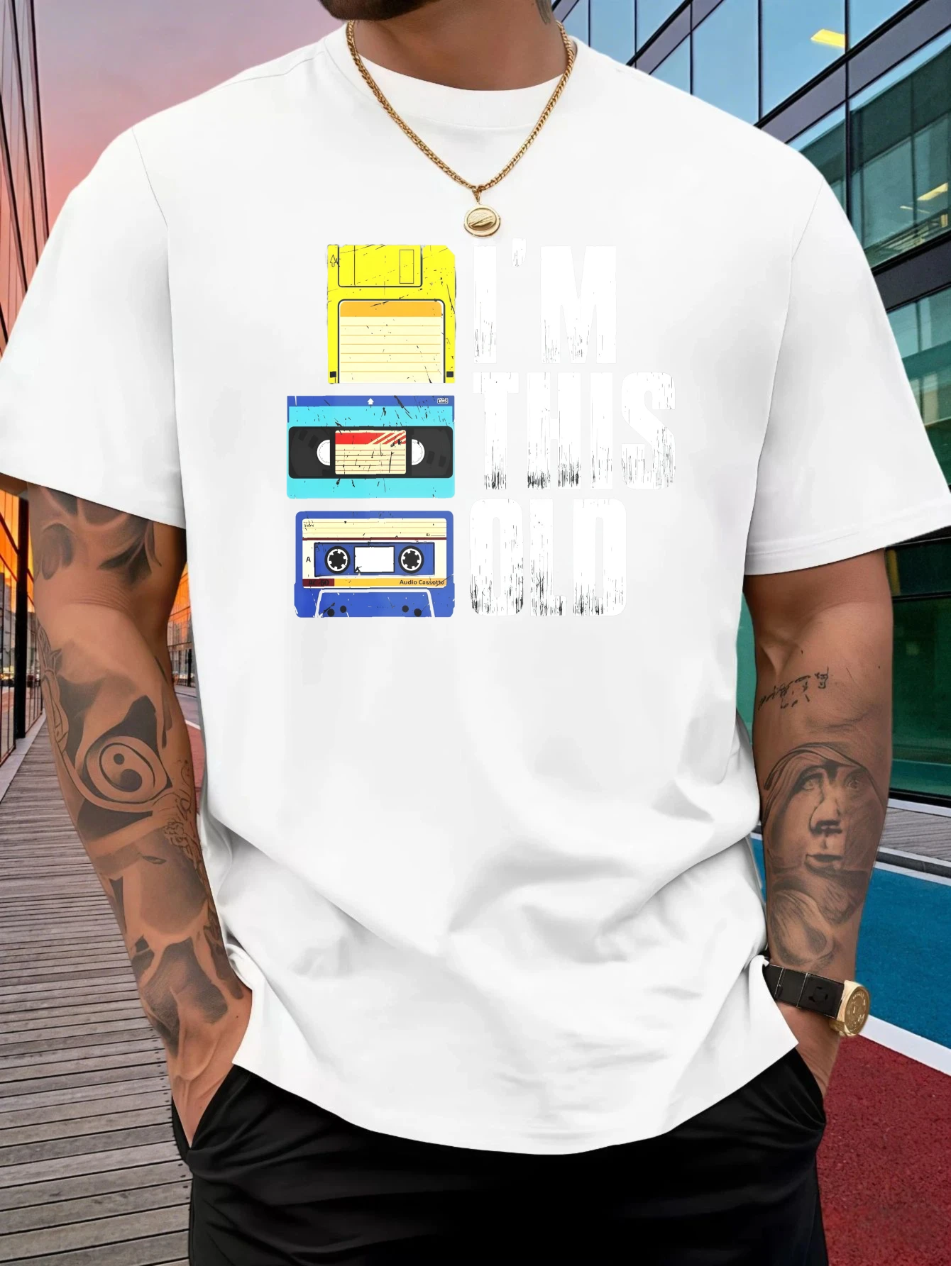 Men Crew Neck Cotton T Shirt I Am This Old Retro Cassette Disk Print Short Sleeve Tops Loose Vintage Summer Tees For Young Male