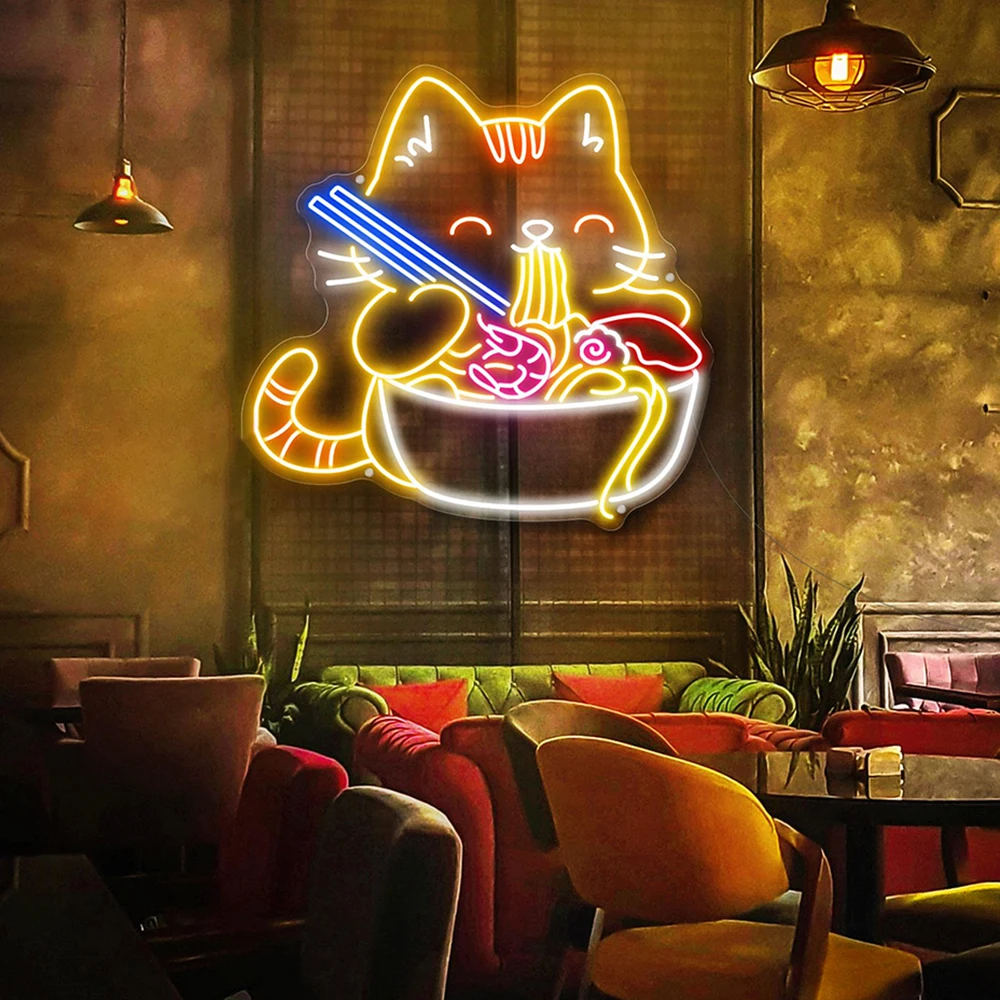 

Cat Ramen LED Neon Sign Ustom Japanese Noodles Restaurant Neon Light Kitchen Anime Wall Decor Food Bar Decoration Lucky Cat Sign