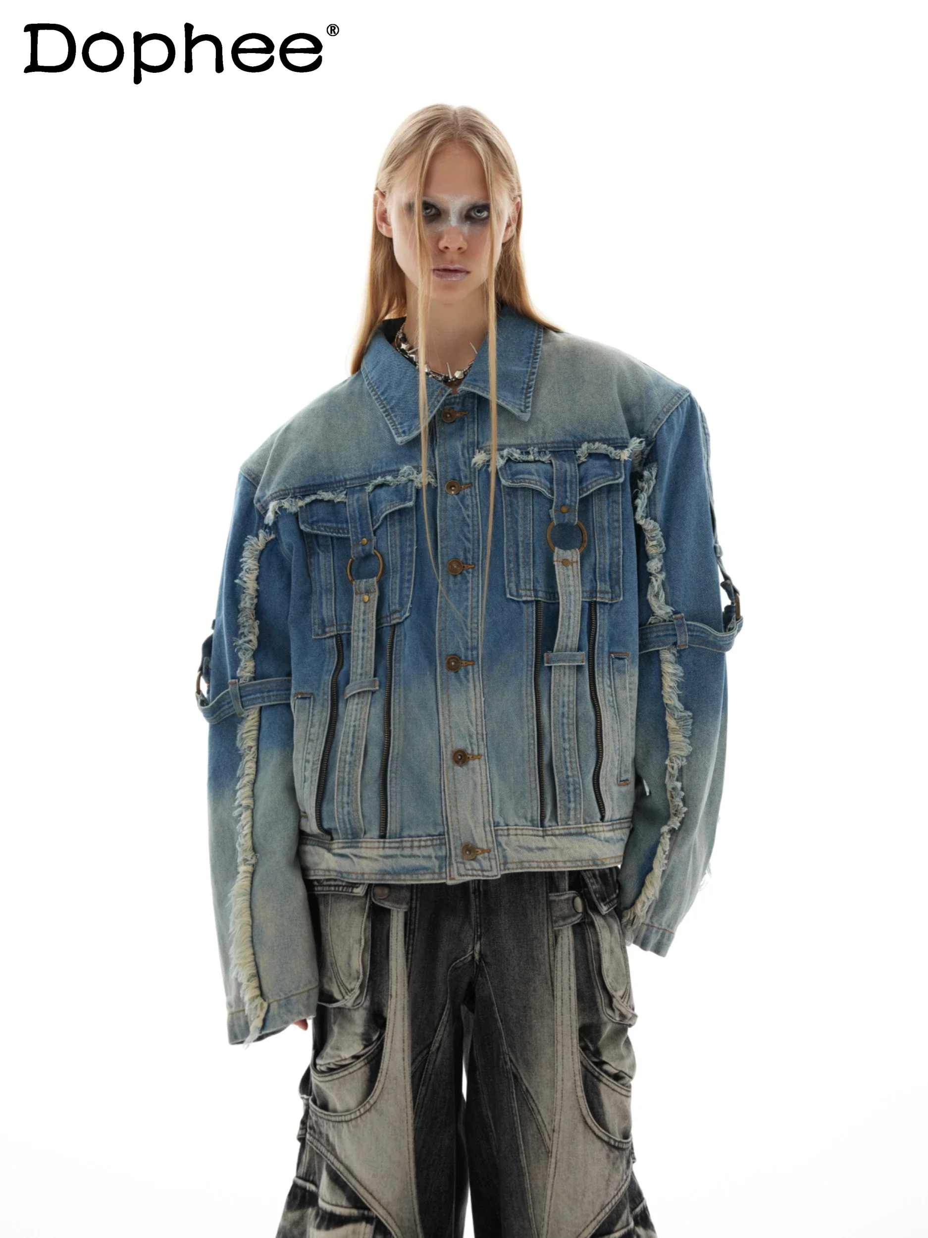 Fashion 2024 Denim Jackets Gradient Color Long Sleeve Single Row Multi Buckle Loose Denim Jacket Trendy Male Lapel Denim Coats