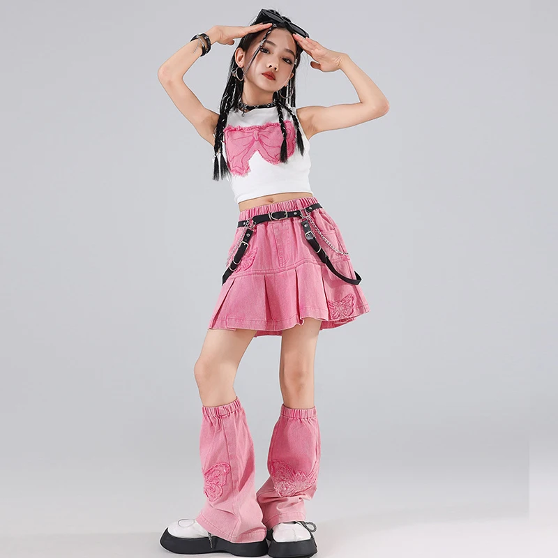 재즈 댄스 코스튬 소녀 스트리트 댄스 공연 세트, 핑크 힙합 댄스 쇼 의상, 어린이 케이팝 캣워크 쇼 세트, XH1742