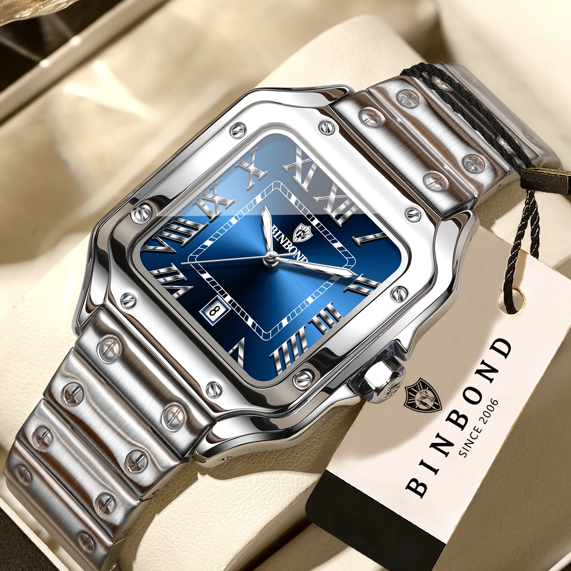 BINBOND Original Quarz-Armbanduhren für Herren, luxuriös, leuchtend, wasserdicht, automatisches Datum, Herrenuhr, Edelstahl, robust, lässig, Reloj