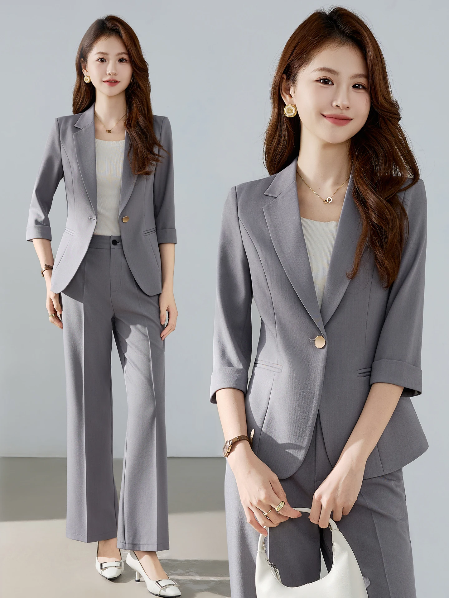 Gray Midi Sleeve Business Suit Jacket Women's Summer 2026 New High-End Professional Workwear Formal Outfit Commute Style
