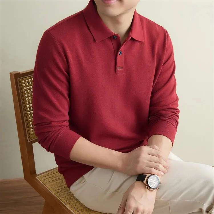 100% Mercerisierte Baumwolle Einfarbiges Business-Casual-Oberteil Herren Old Money Style Langarm-Poloshirt – Detail 39