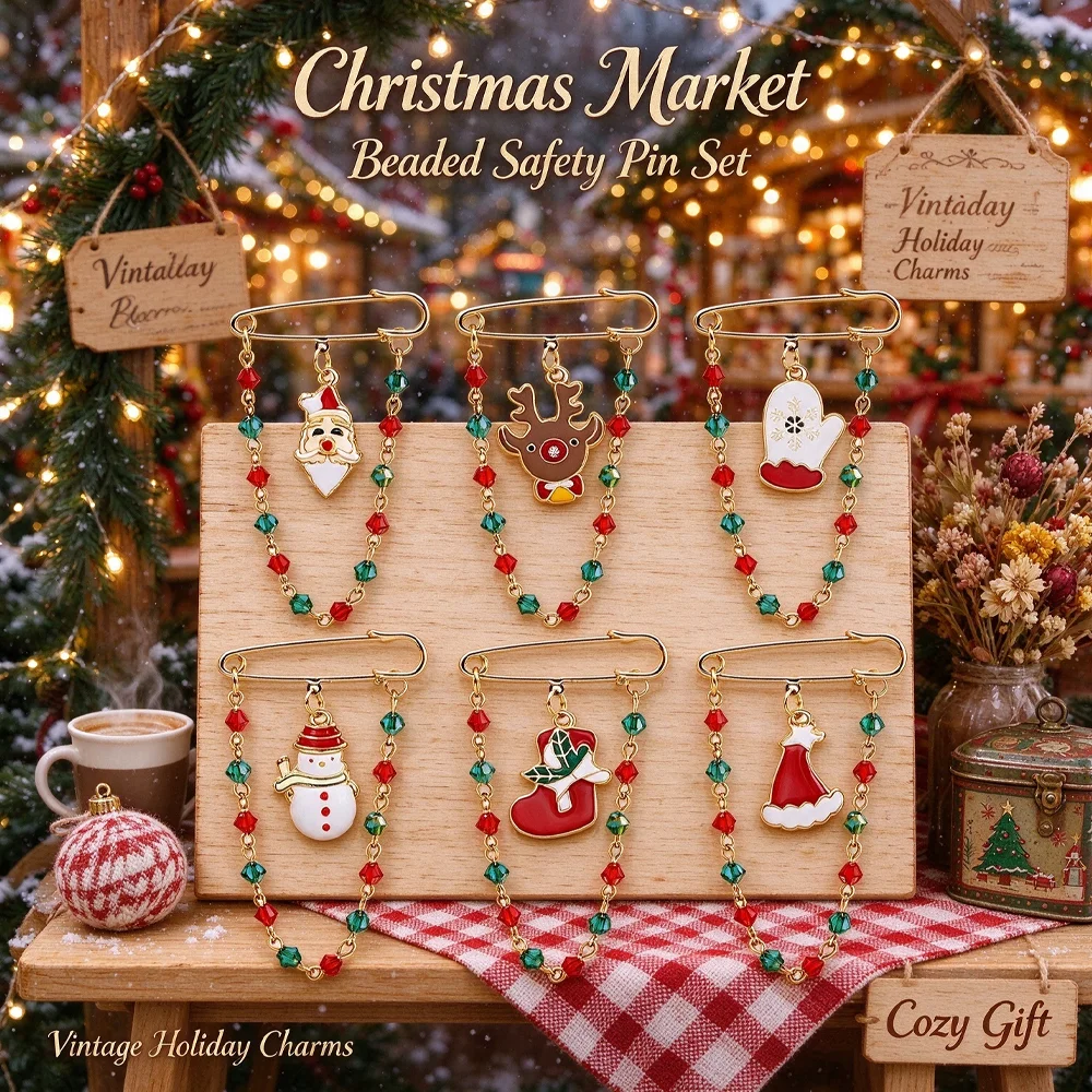 Xmas Enamel Charm Safety Pin Brooch Red Green Crystal Bead Chain Santa Reindeer Snowman Women Coat Brooch Christmas Party