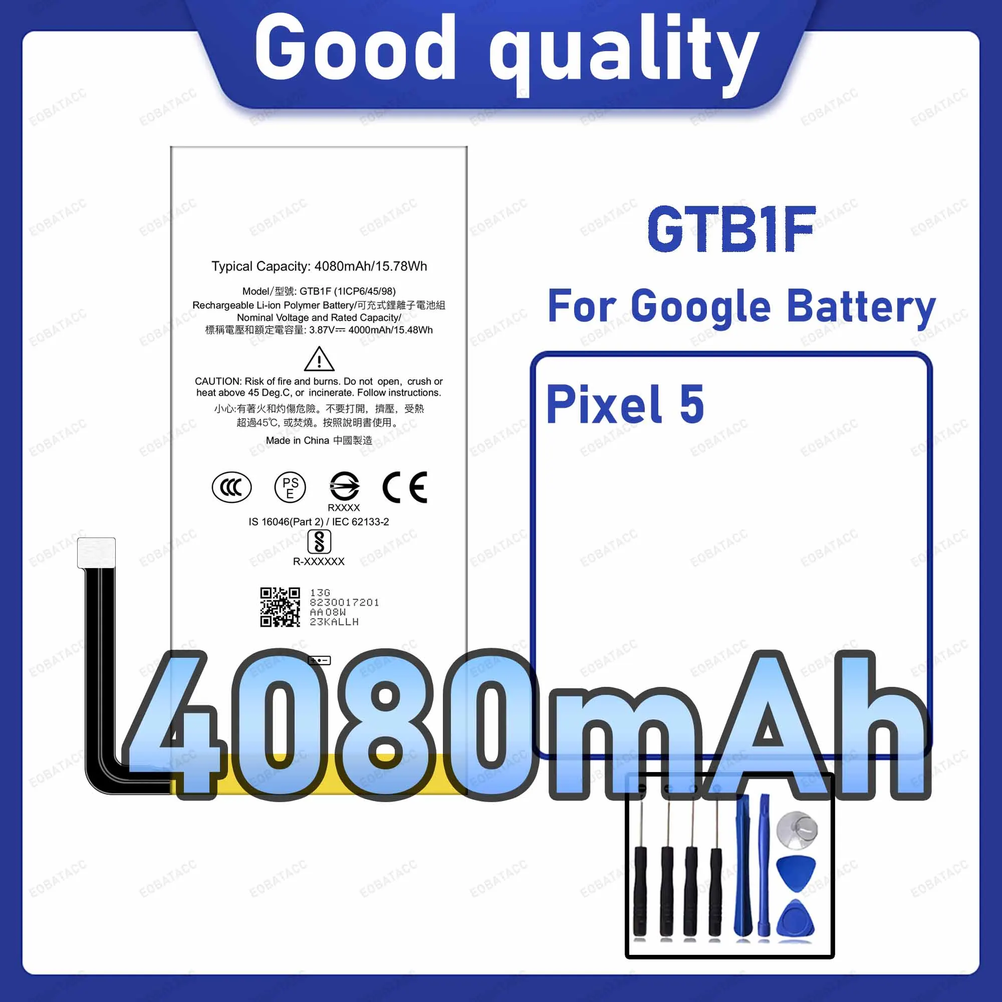 4080mAh GTB1F Replacement Battery for Google Pixel 5 with Repair Tools Kit
