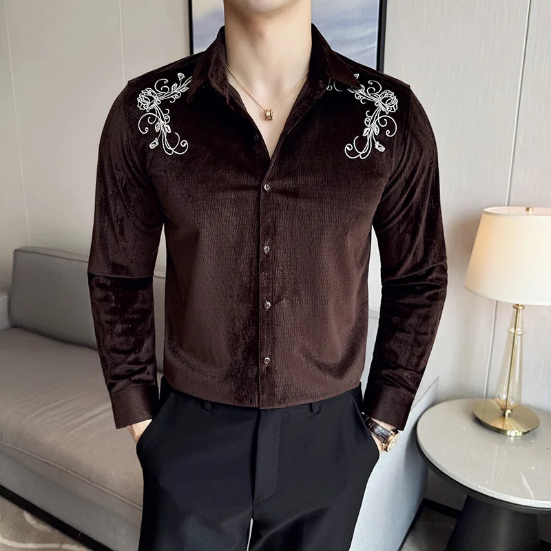 Luxury Embroidered Velvet Shirts Men Autumn Winter Long Sleeve Casual Shirts Business Social Party Tuxedo Blouse Men Clothing