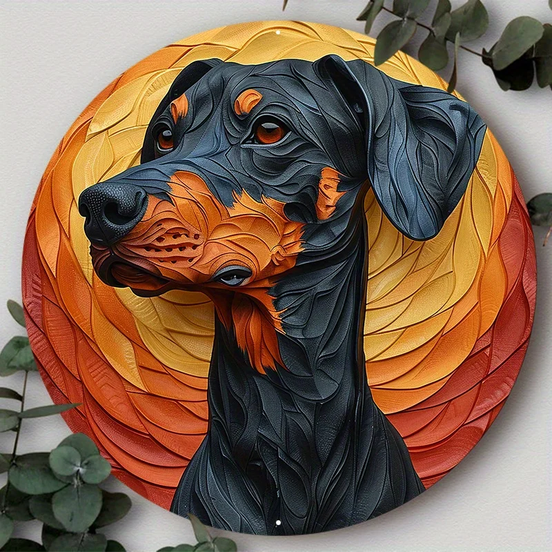 

Aluminum Metal Sign, 2D Flat Circular Wreath Logo, Tavern Club Home Scene Decoration, Doberman, Suitable for Various Scenarios