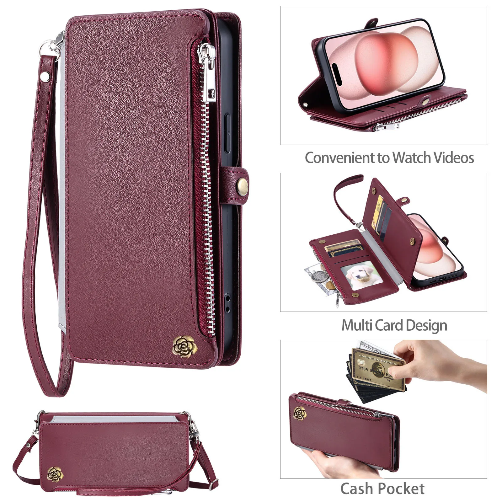 Casing Dompet Ritsleting Selempang untuk Motorola Moto G86 G56 G85 G55 G35 G15 G05 G84 G54 G34 G24 G14 Sampul 3 Kartu Kulit Camellia