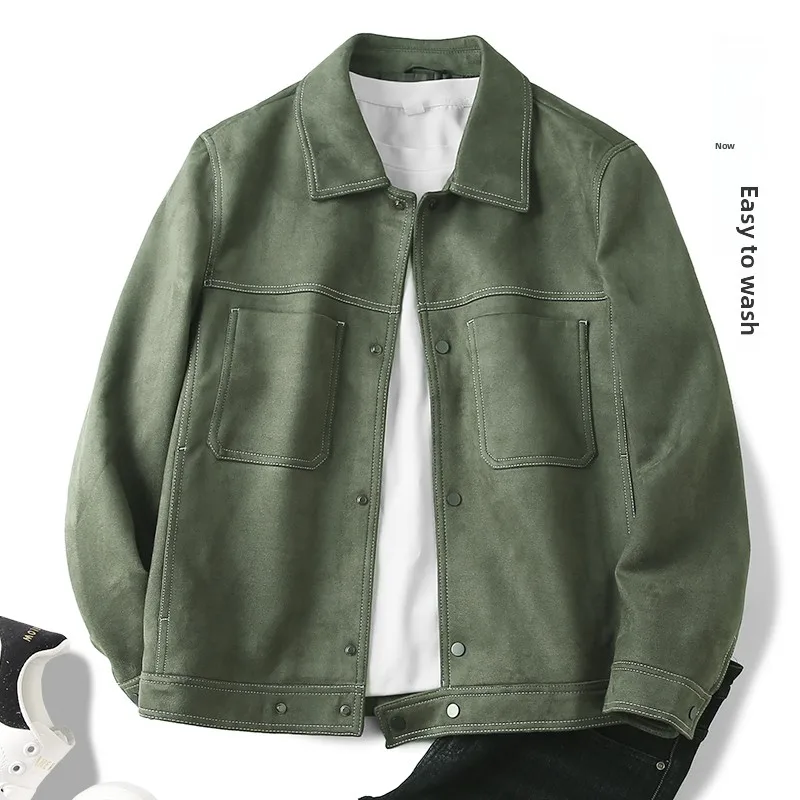 

Retro Suede Jaet Loose Casual Lightweight Workwear Collared Coat for Men Autumn Winter Faionable Outerwear Polyester Blend