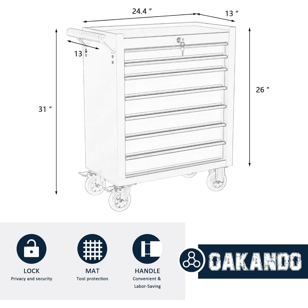 Lemari Perkakas Logam dengan 7 Laci, Kabinet Penyimpanan Beroda yang Dapat Dikunci untuk Pengorganisasian Garasi dan Gudang