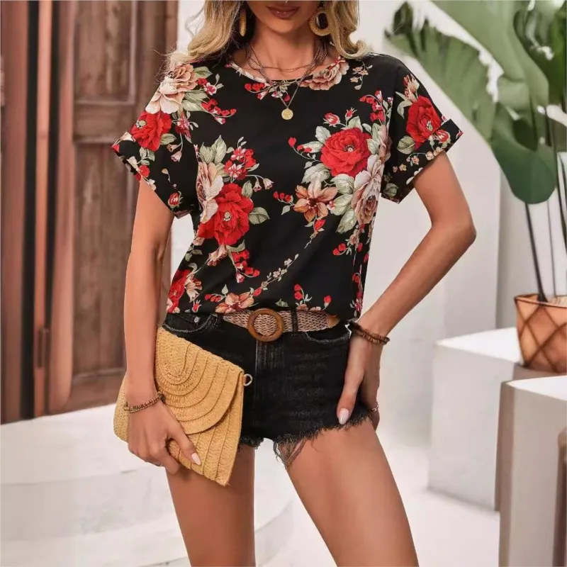 2024 Women\'s Summer New Fashion Print Multi Color Round Neck Women\'s Short Sleeved Top Elegant Contrast Color Office Blouse Y2K