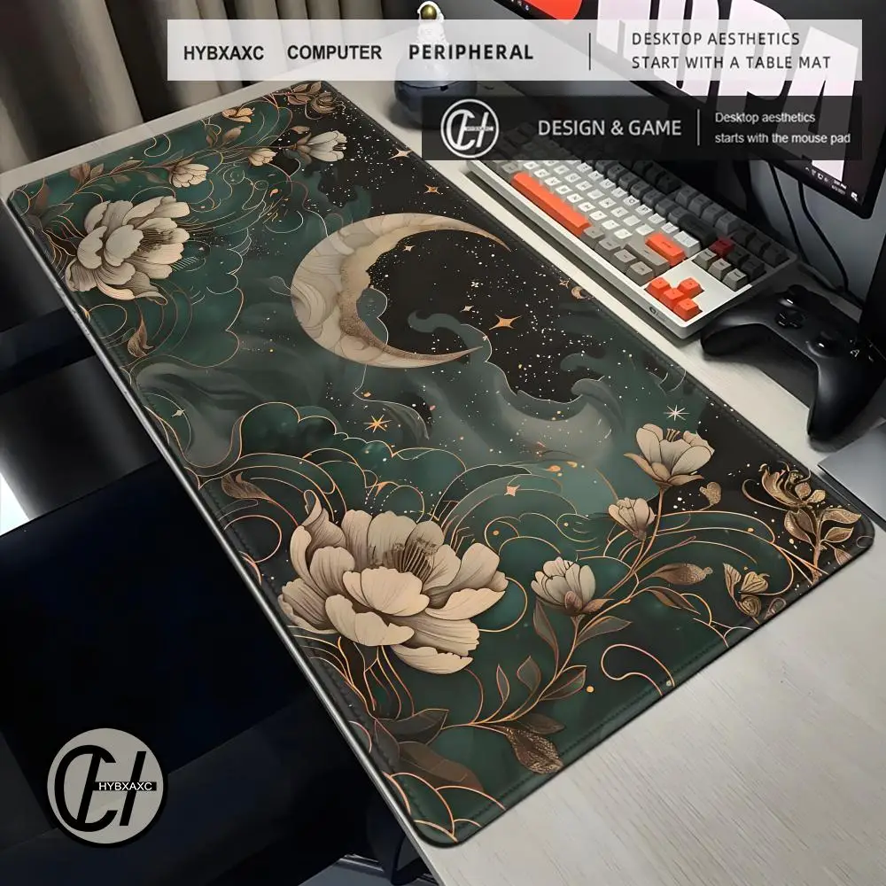 Floral Desk Mat Botanical Deskmat Celestial Mousepad Red Flower Deskmat Large Gaming Mouse Pad XXL Moon Sun Star Keyboard Mat