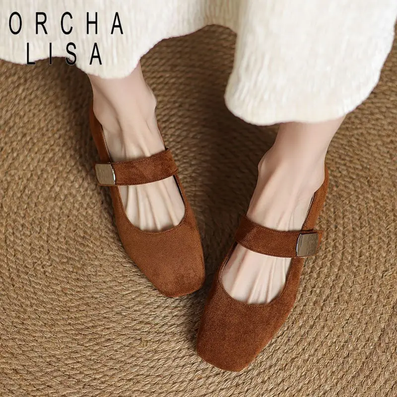 

ORCHA LISA Коричневые женские туфли-балетки с квадратным носком из замши на липучке, большие размеры 40, 41, 42, 43, повседневные мягкие туфли Мэри Джейн для отдыха