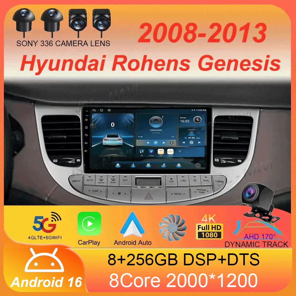 Android 16 All In One Car Radio DSP QLED Carplay Auto For Hyundai Rohens Genesis 2008 - 2013 Multimedia Dvd Player GPS Stereo