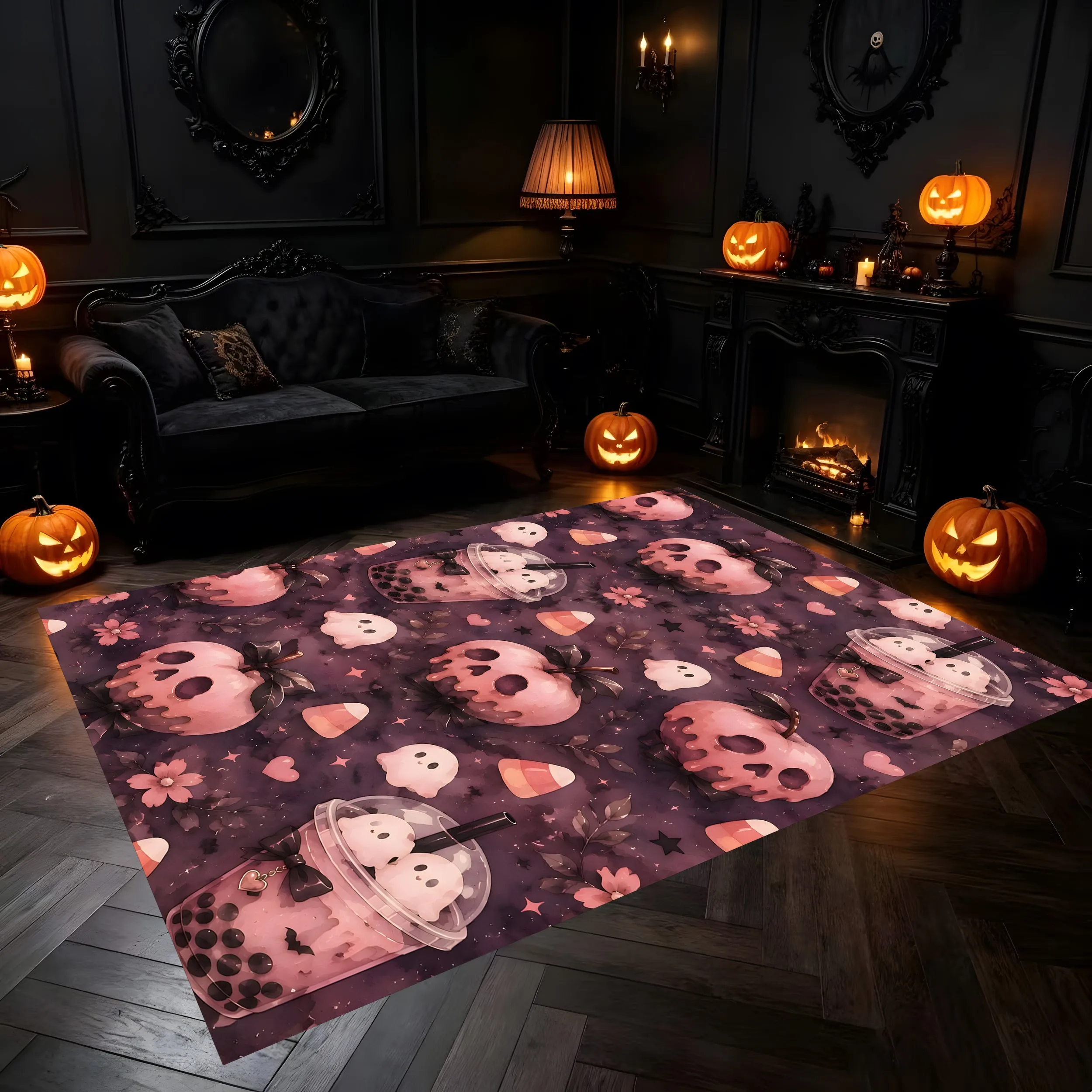 Large Area Rug Halloween Skull Ghost Milk Tea Print Soft Velvet Living Room Bedroom Home Decor Area Rug