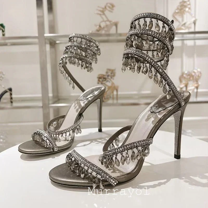 Vrouwen Dunne Hoge Hakken Kwasten Strass Decor Sandalias Enkel Slangvormige Riem Verstrikking Sandalen Zomer Feestjurk Schoenen