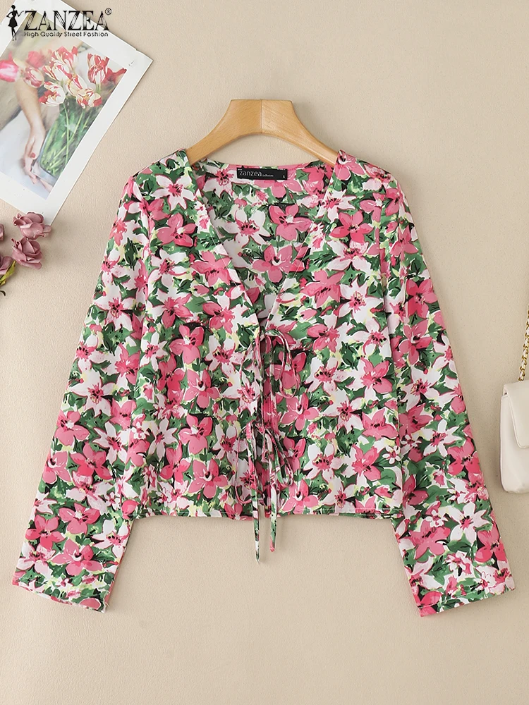 

ZANZEA Womens Fashion Tied-Front Floral Print Cardigans Casual V-Neck Long Sleeve Short Tops Summer Bohemian Day Wear Blouses