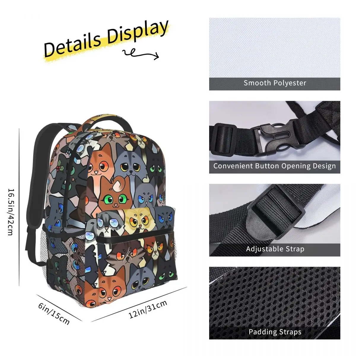 Warrior Kits mochila para niños y niñas, morral de viaje artístico para amantes de los gatos, mochila de día para adolescentes, escuela, portátil