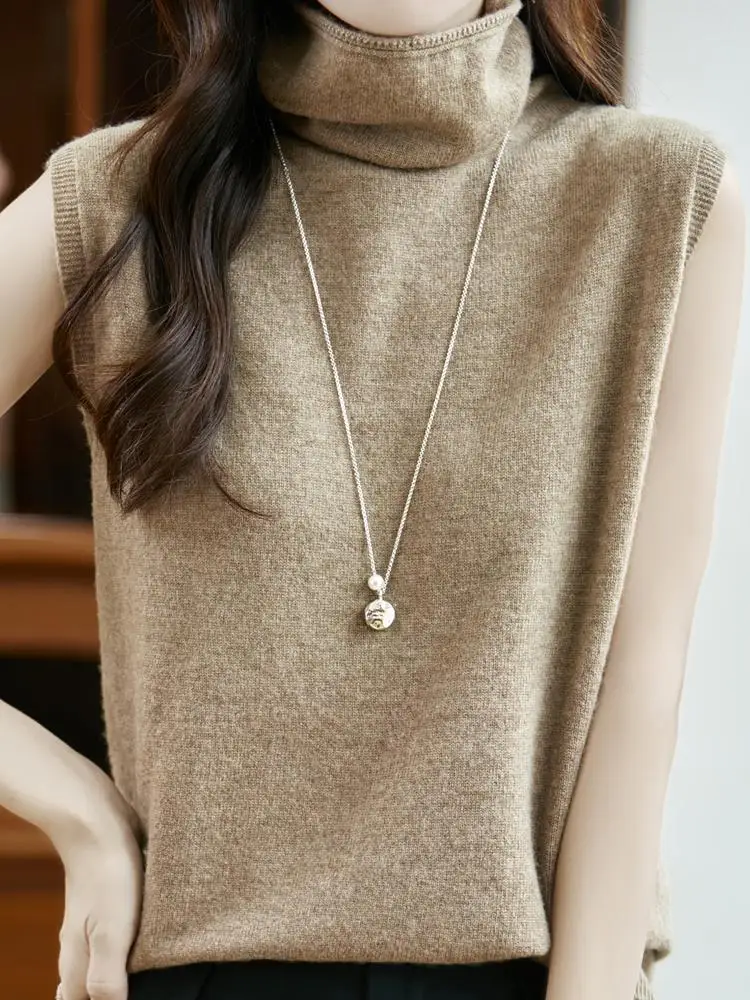 

Women Turtleneck Vest Wool Sweater Pullover Spring Autumn Winter Sleeveless Basic 100% Merino Wool Knitwear Casual Waistcoat Top