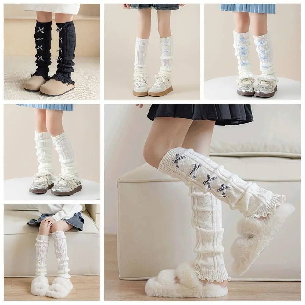 Kawaii Korean Style Children's Leg Warmers JK Lolitas Knitted Leg Cover Woolen Long Stockings Plaid Bow Socks Baby