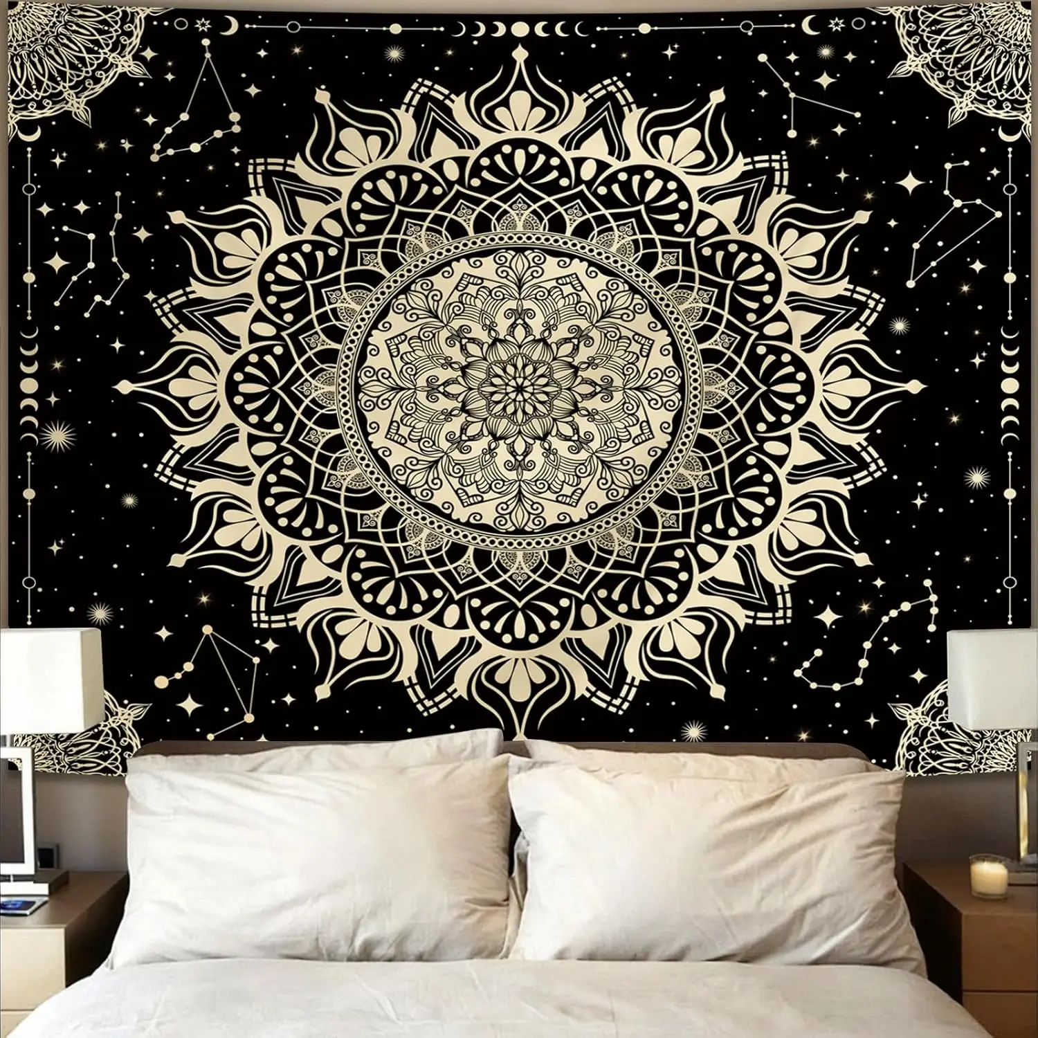 Large Boho Mandala Tapestry Spiritual Black Background Astrology Constellation Wall Hanging Ethnic Decor Boho Space Artwork