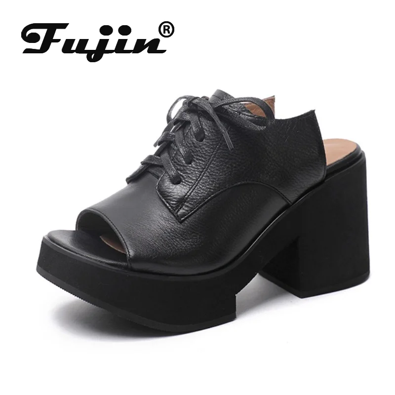 

Fujin Peep Toe Elegance Shoes Fashion Sandals 8.5cm Women Slippers Super Chunky Heels Summer Genuine Leather Ethnic Moccains