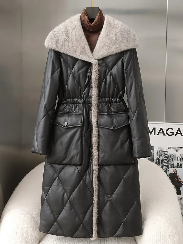 Winter Office Ladies Warm Long Sheepskin Genuine Leather Down Jacket Slim Fit Mink Fur Collar Overcoat Women Thick Trench Coat