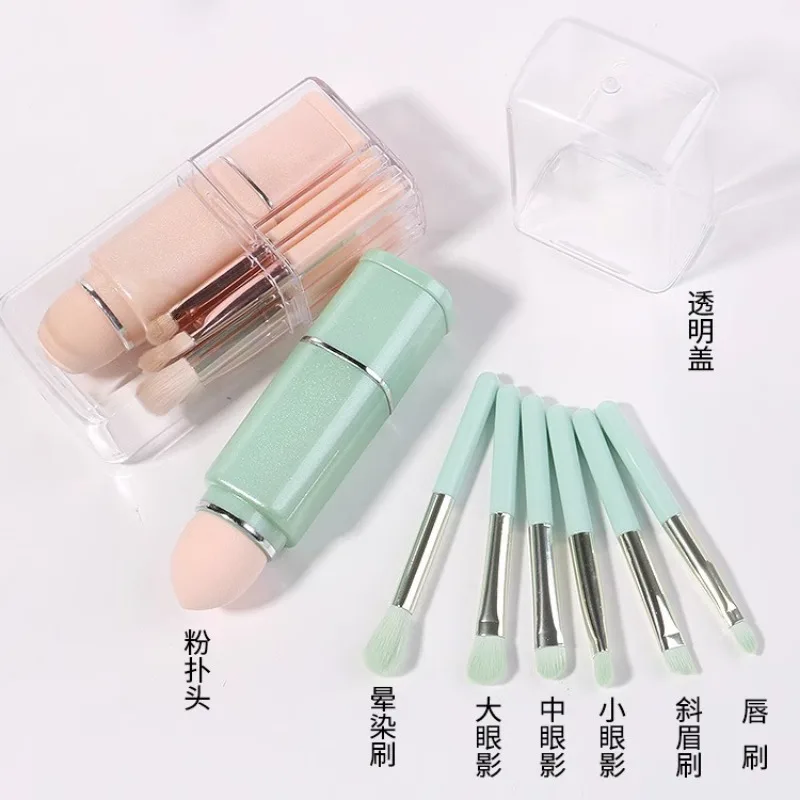 8-in-1 Mini Portable Makeup Brush Set Short Handle Small Travel Tool Eye Brush Belt Storage Box