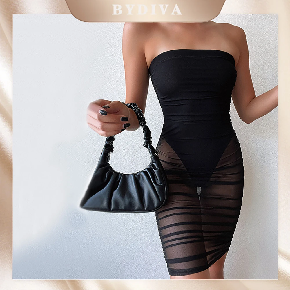 BYDIVA Sexy Ruched Mesh Sheer Night Party Dress for Women Club Outfits Off Shoulder Birthday Vacation