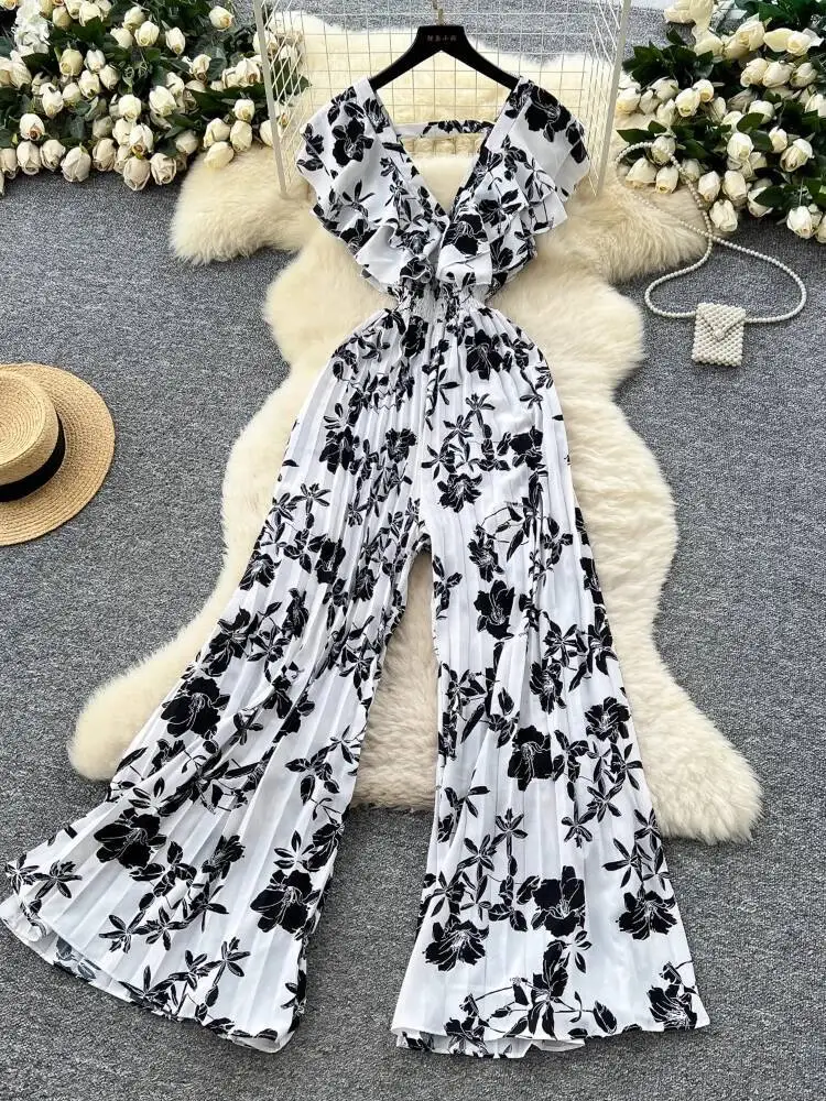 女性プリントジャンプスーツ夏フリルディープ V ネックハイウエストフレア花柄パンツ & ジャンプスーツ女性シフォンビーチロンパース