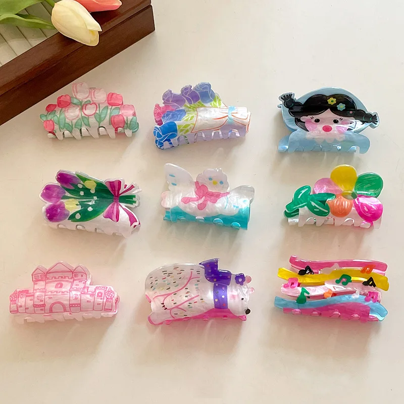 Cute Dog Angel Glasses Rabbit Bear Printed Acrylic Crab Clamp Headwear New Design Geometric Hair Clip Claw For Women Accessories