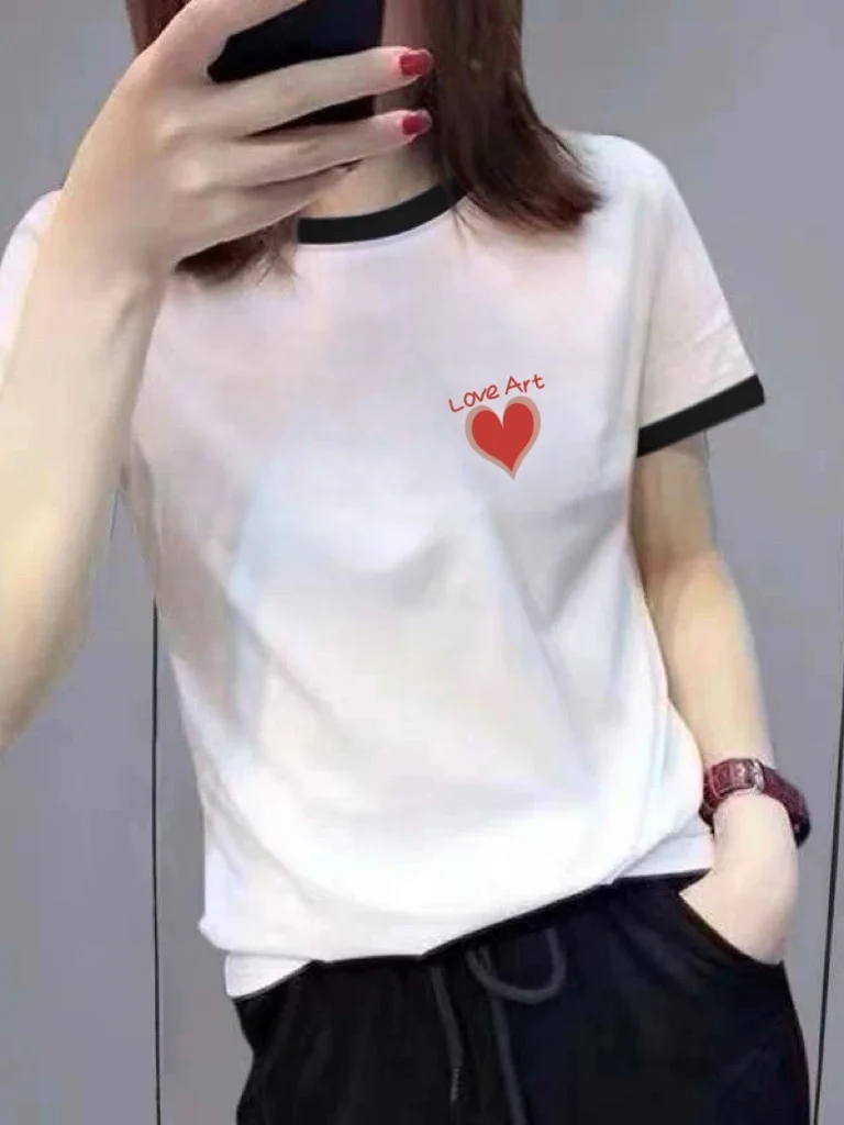 

Retro Korean Style Casual Color Block round Neck Heart Print Short Sleeve T-Shirt Women Summer Slimming Top American Vintage