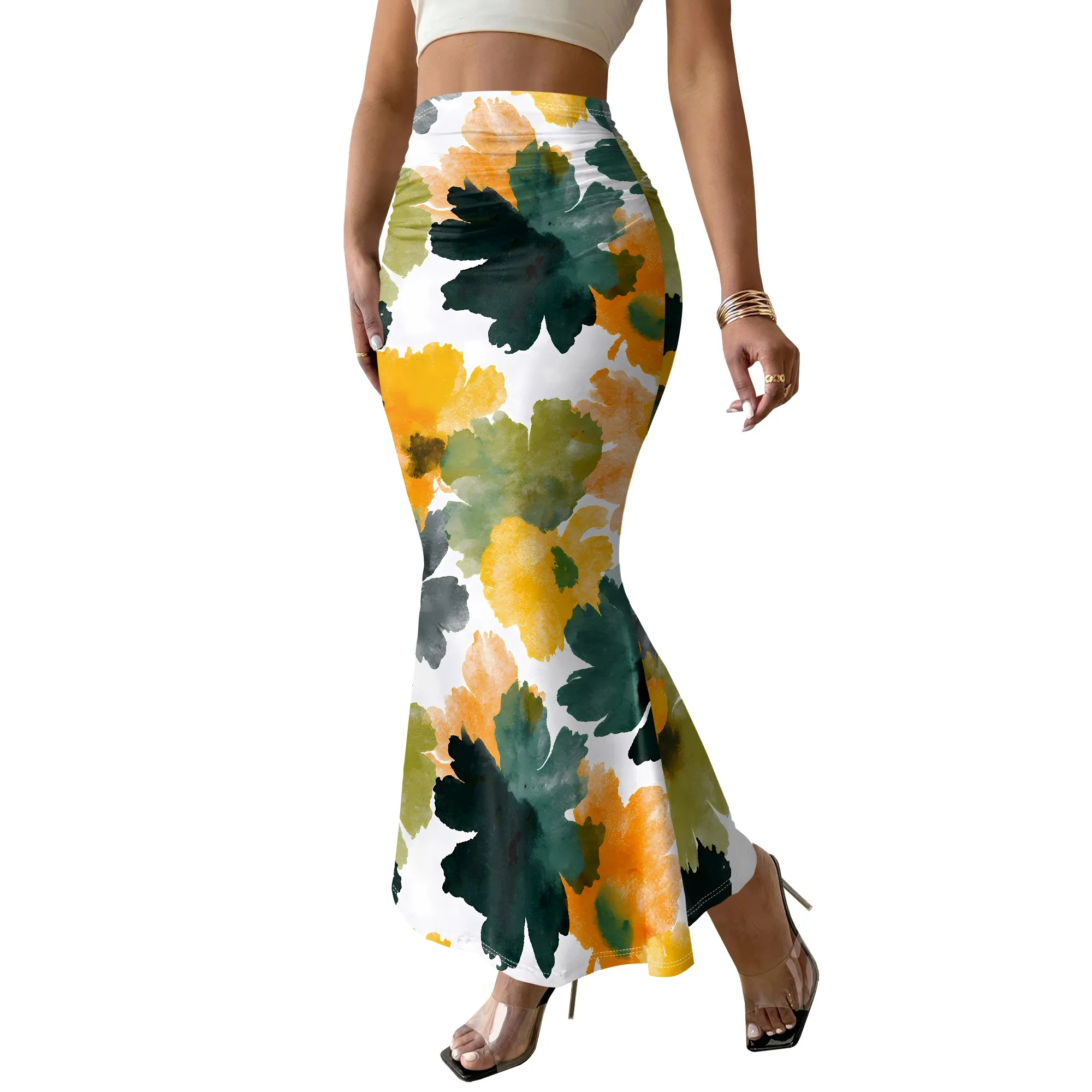 Floral Print Skirt, Mermaid Hem Bottoms, Watercolor Leaf Pattern, Summer Beach Wear, Women's Long Skirt, S-3XL