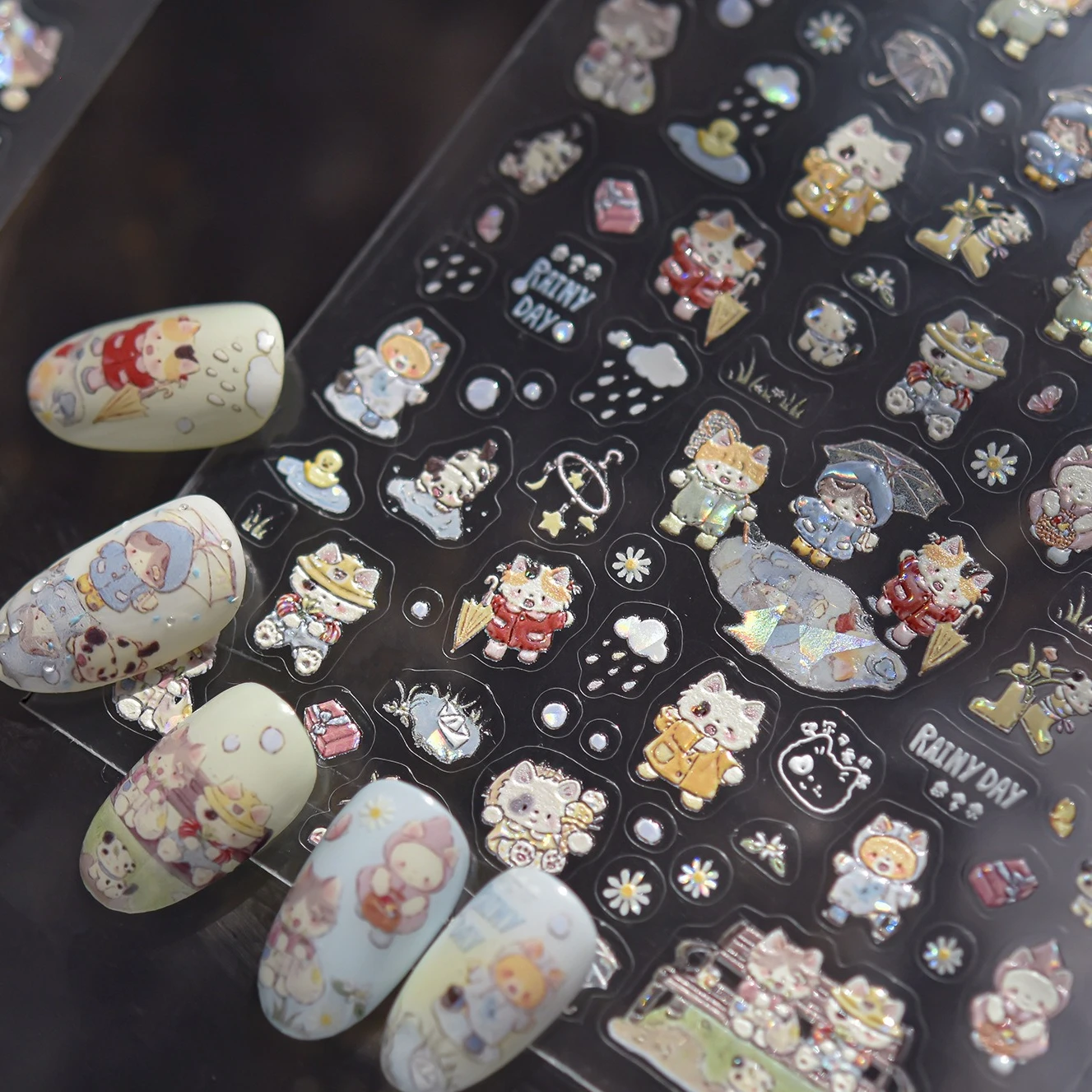 Kittens Eat Watermelon Cat Rainy Day Umbrella Daisy Cherry Ice Cream Dog Puppy Fence Nail Art Sticker Summertime Manicure Decals