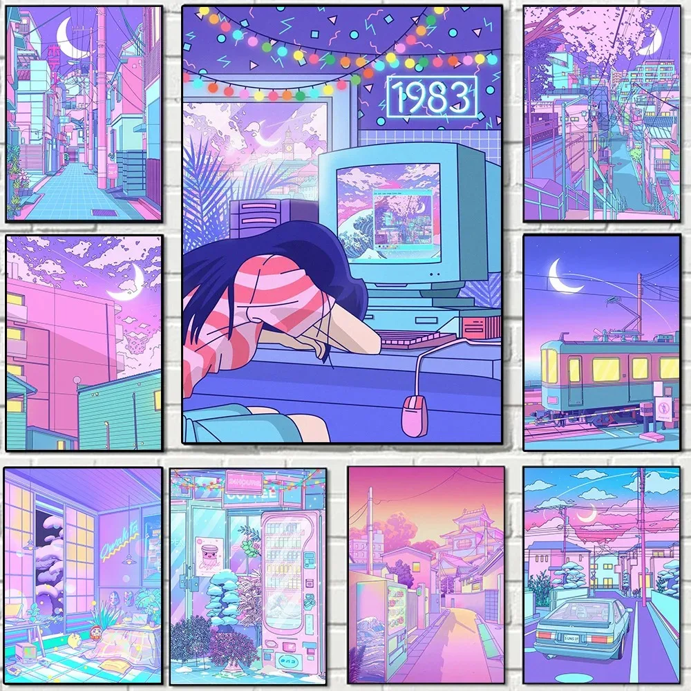ملصقات قماش Vaporwave الشارع من مدينة النيون ، ديكور أنيمي ياباني ، لوحة ، طباعة فنية على الحائط ، ديكور غرفة الأطفال ، كاواي ، القمر ، 80s #1