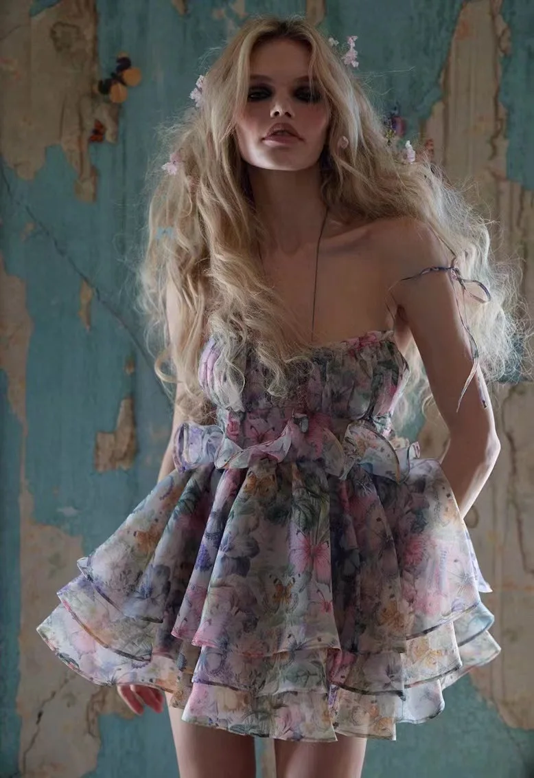 2024 Dress Summer New Style Lace-up Suspenders Bowknot Print Short Princess Dress