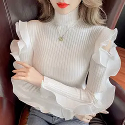 Fashion Off Shoulder Knitting Pullovers Spring Autumn Long Sleeve Solid Slim Ruffle Sweaters Top Sweet Elegant Women Clothing