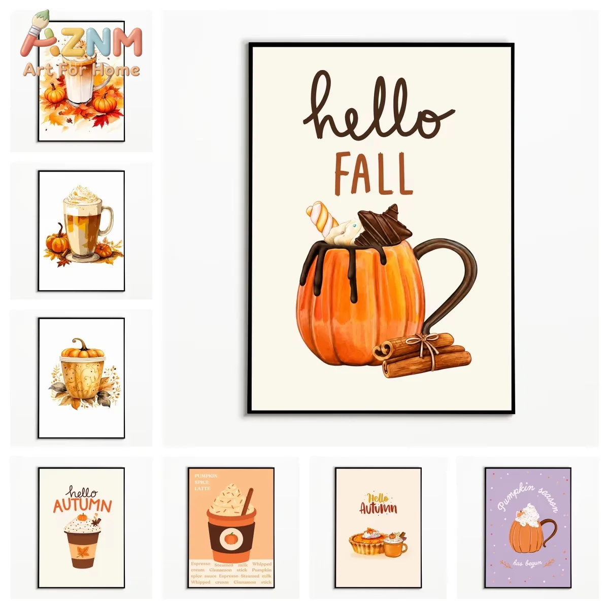 1PC Autumn Pumpkin Spice Latte Poster Hello Fall Wall Art Thanksgiving Day Canvas Printing Festival Kitchen Beverages Decor
