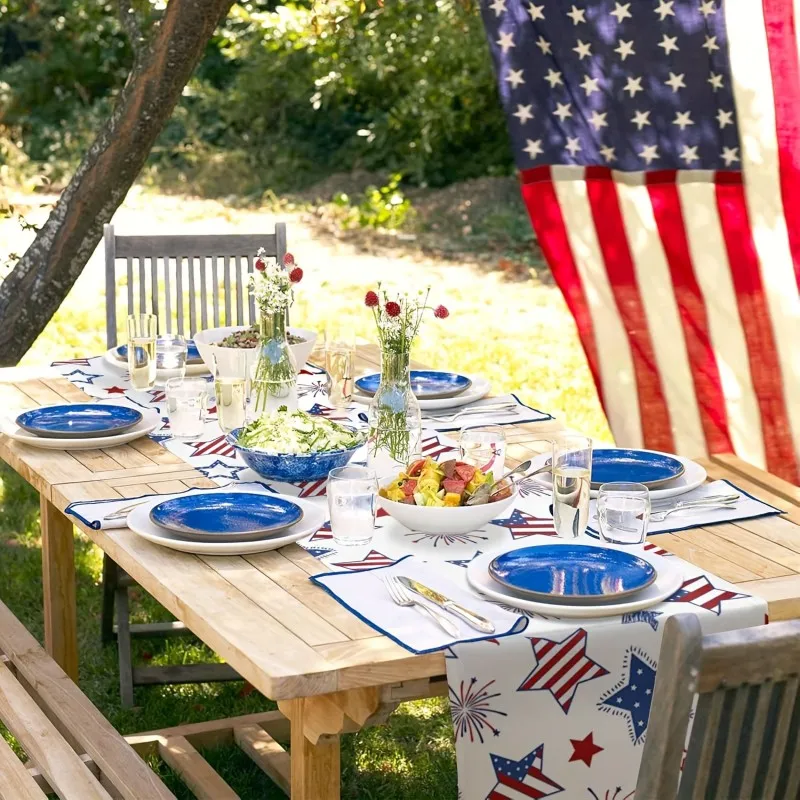 Patriotic Table Flag - Red, White, Blue Stars And Fireworks Design, Suitable For Independence Day And Anniversary Decoration