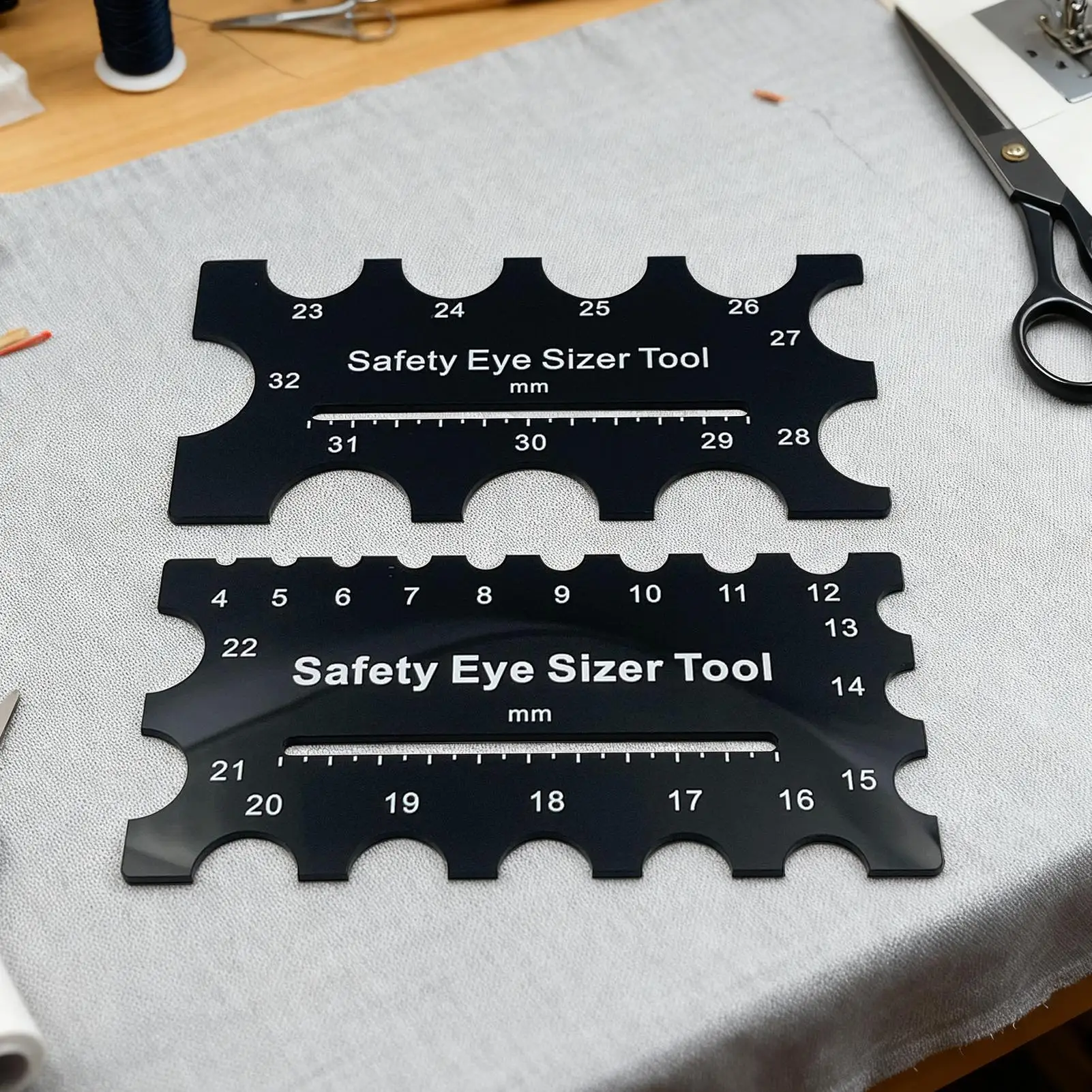 Drewniany przyrząd do pomiaru średnicy oczek bezpieczeństwa 4~32mm, linijka pomiarowa, narzędzie do szydełkowania do majsterkowania, instalacja oczek dla pluszowych misiów.