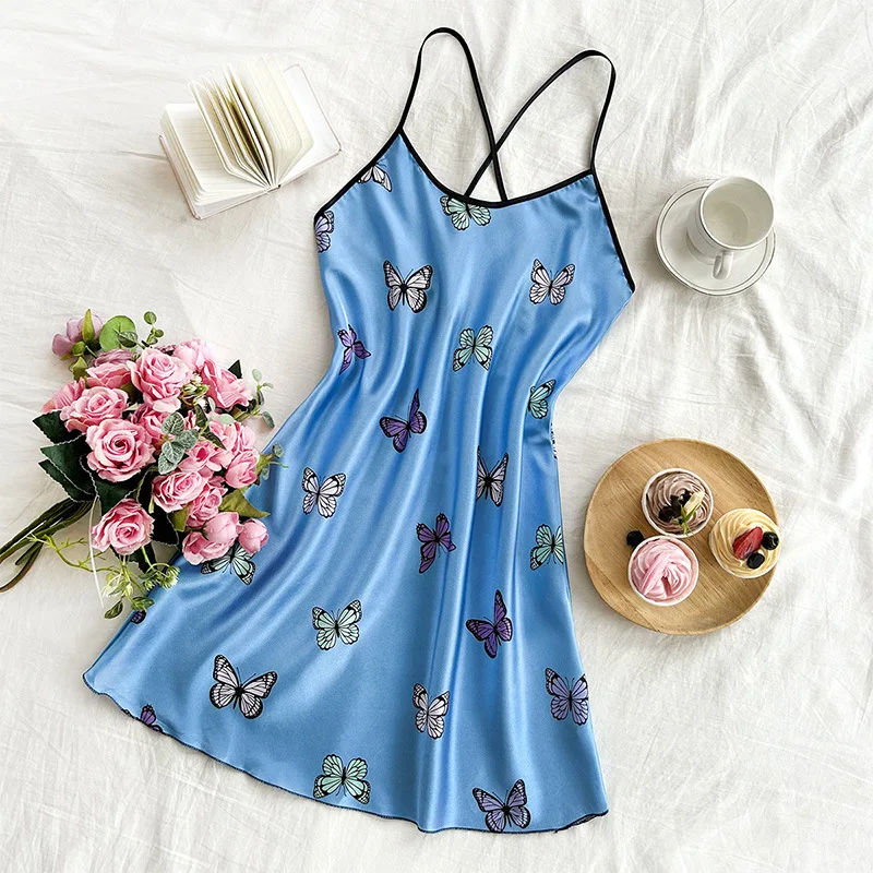 

2026 Hot Selling Summer Home High-end Imitation Silk Butterfly Pattern Thin Shoulder Strap Dress for Women