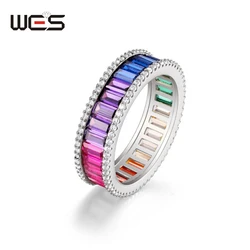 WES 925 Sterling Silver Rings for Women Rainbow Crystal Colorful Zicron 2*4mm Birthday Gift Fine Jewelry Anniversary Fashion