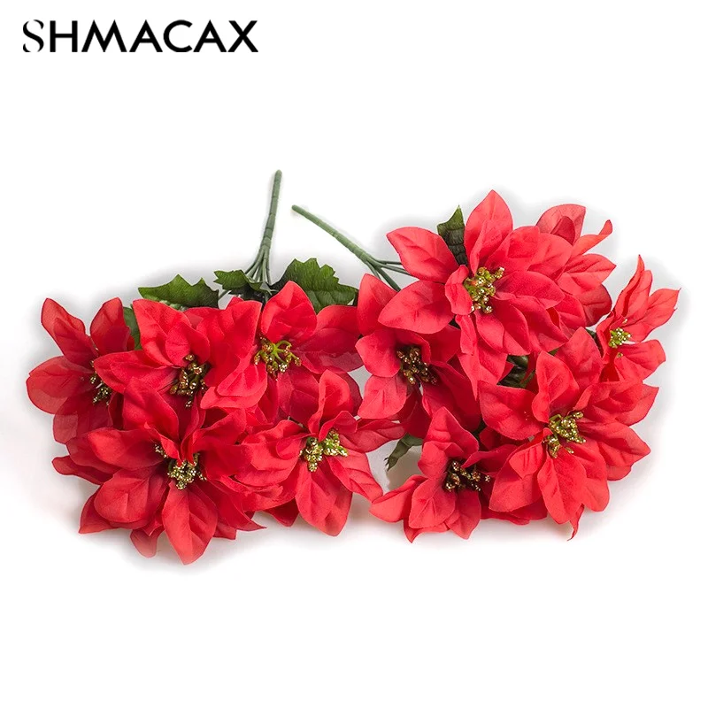 33cm Artificial Poinsettia Bushes Faux 7 Heads White Red Silk Artificial Christmas Flower Bouquet For Home Wedding Party Decor