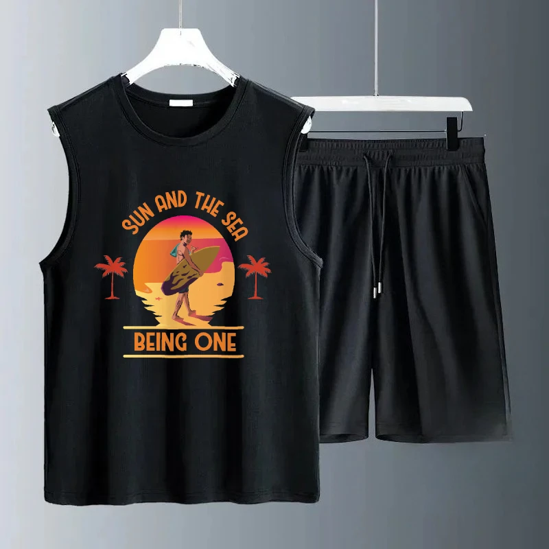 

2025 Men Summer Sleeveless Casual Golden Beach Print Sets Sports T-shirts+Sports T-shirts suit Breathable Daily Comfortable sets