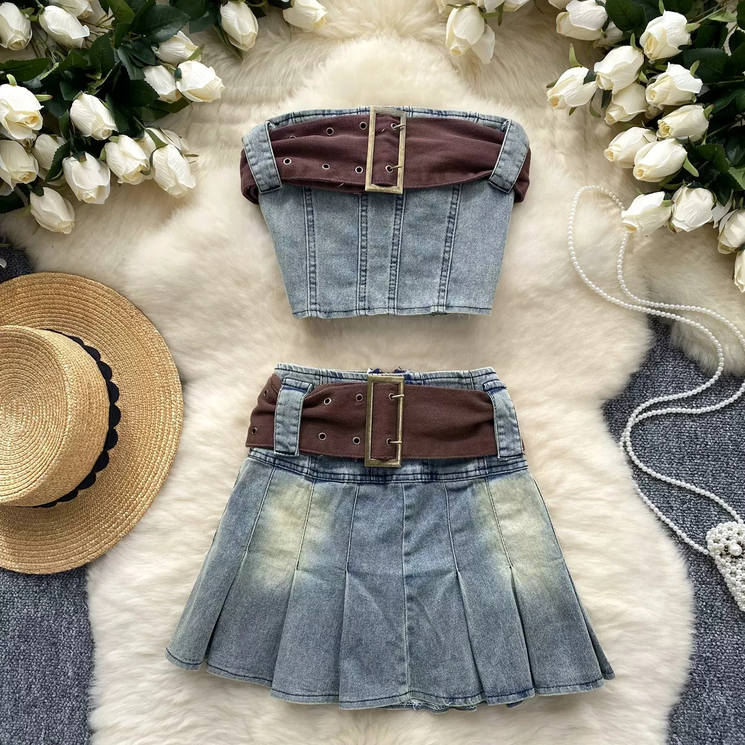 Women Denim Jeans Skirt Set Strapless 2 Pieces Matching Jean Suit Youth Woman Girls Short Style Tops Mini Skirts Costumes