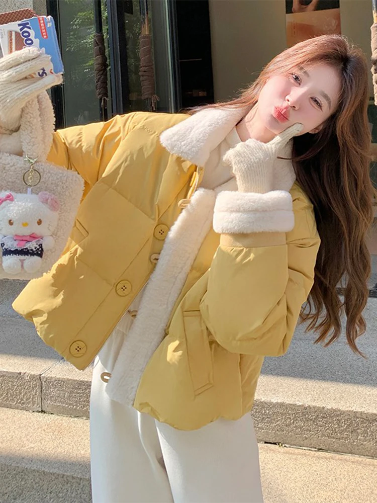 

Yellow down Cotton Jaet Women's Winter ort Sle Lamb Fur Collar Casual Bread Sle Coat Sweet Loose Fit Regular Sve